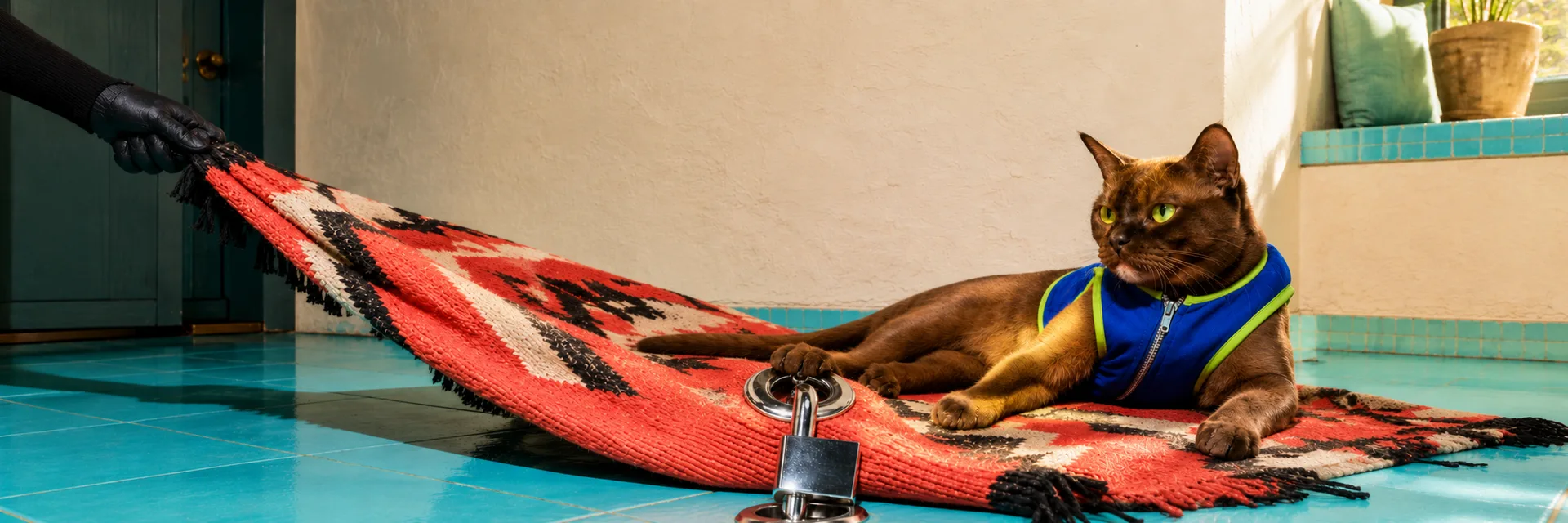 A brown cat in a hi-vis harness lies across a red kilim rug, one paw on a chrome padlock bolted through the rug into a turquoise tiled floor, while a black-gloved hand pulls the far corner.